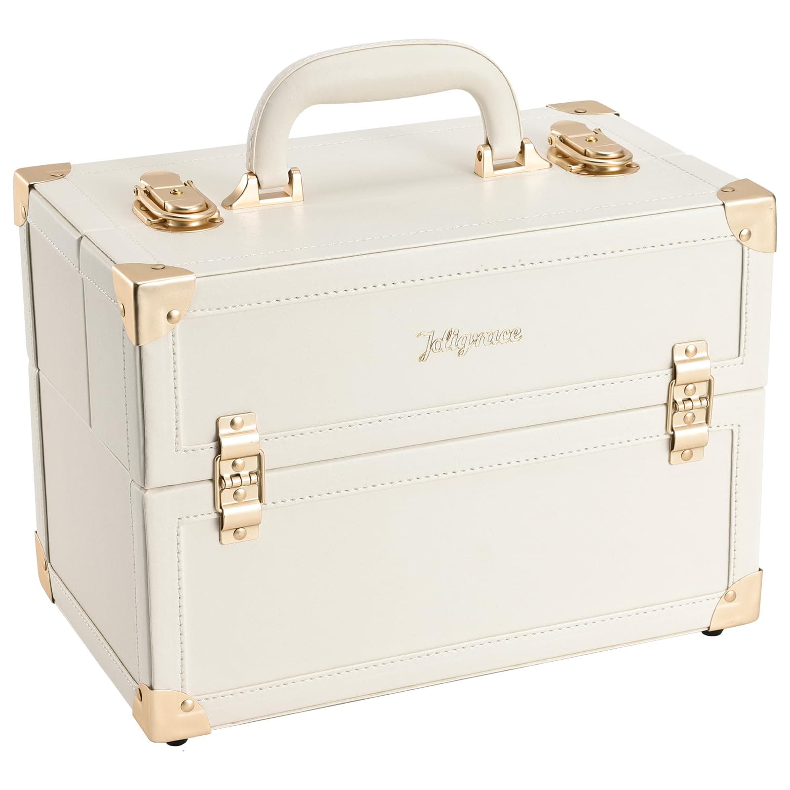 Joligrace Makeup Train Case Vanity Case Large Portable Cosmetic Makeup Storage Box Organizer Lockable with 4 Tray Compartments Retro Champagne Beige Vegan Leather