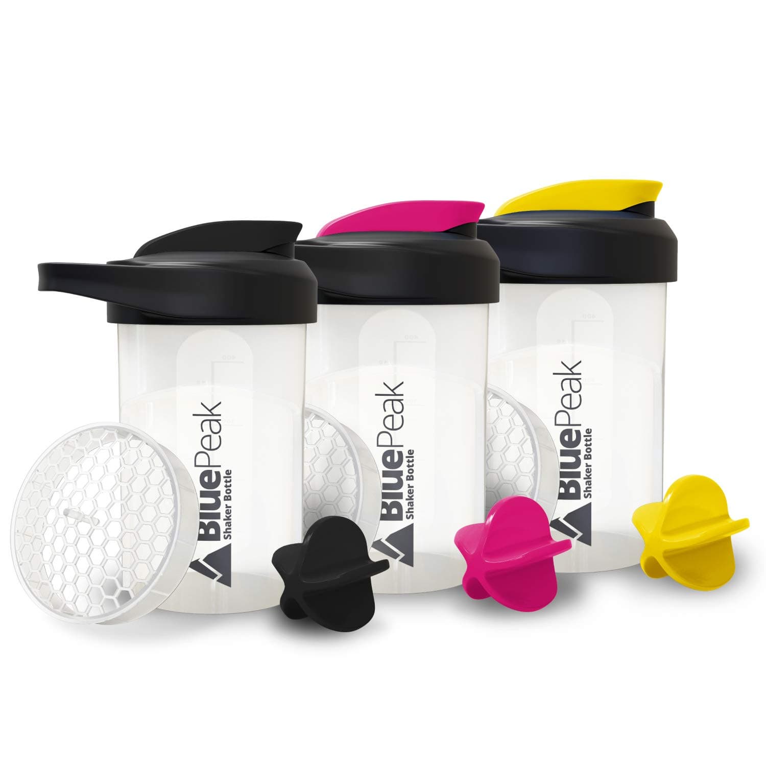 BluePeak Protein Shaker Bottle 20 oz with Dual Mixing Technology, Strong Loop Top, BPA Free, Shaker Balls & Mixing Grids Included - On-The-Go Small Protein Shakers (3 Pack - Black, Yellow, Pink)