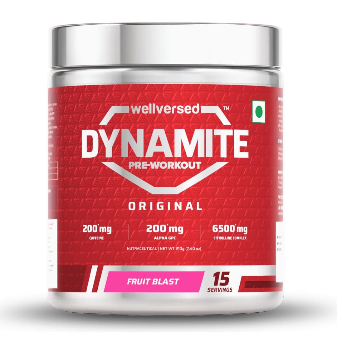 Dynamite Original Pre Workout For Men (15 Servings, Fruit Blast) For Focus & Energy Boost With 6500mg Citrulline Complex | Preworkout Supplements For Men - 210g