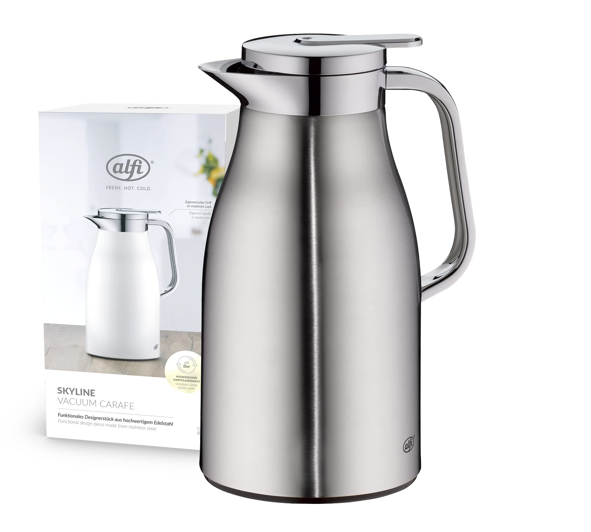 Skyline Tea Flask Steel Matte 1L Chrome. Glass Insulation. Hot 12 hrs Cold 24 hrs. Leak Proof. 5 yrs Warranty on Thermal perfomance. 2 yrs warranty covers manufacturing defect and workmanship.