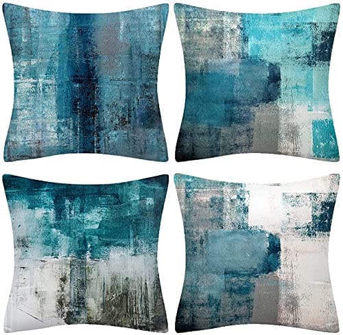 QUALKNOY Set of 4 Velvet Cushion Covers 16x16 inches - Teal Modern Abstract Art Decorative Throw Pillow Cases for Living Room Sofa and Outdoor Decor Pillowcases