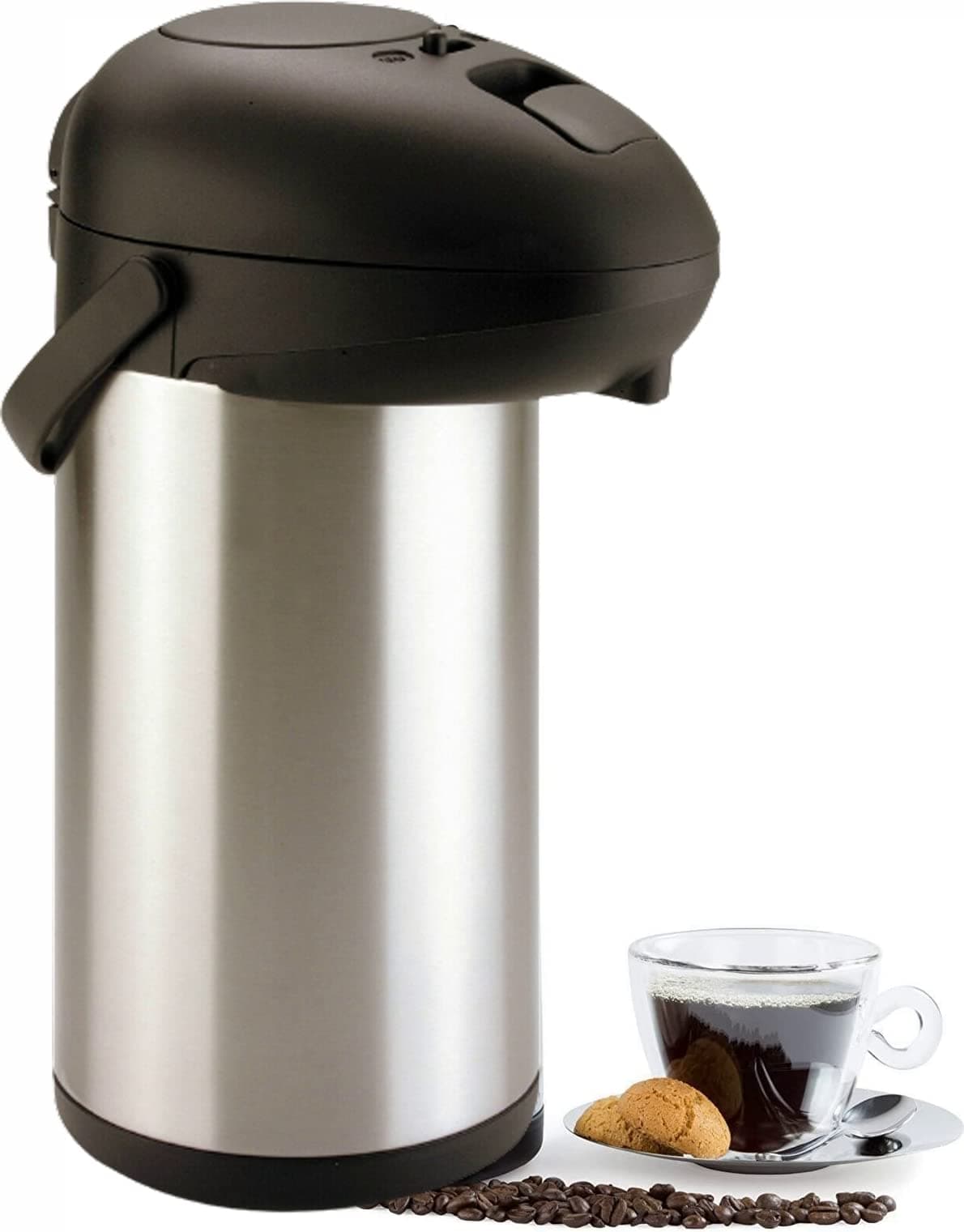 Large Thermal Insulated 5L Stainless Steel Air Pot Pump Action Button Hot Cold Drink Dispenser Vacuum Flask Airpot Water Coffee Tea Jug Soup Beverage Home Office Party Picnic Partner