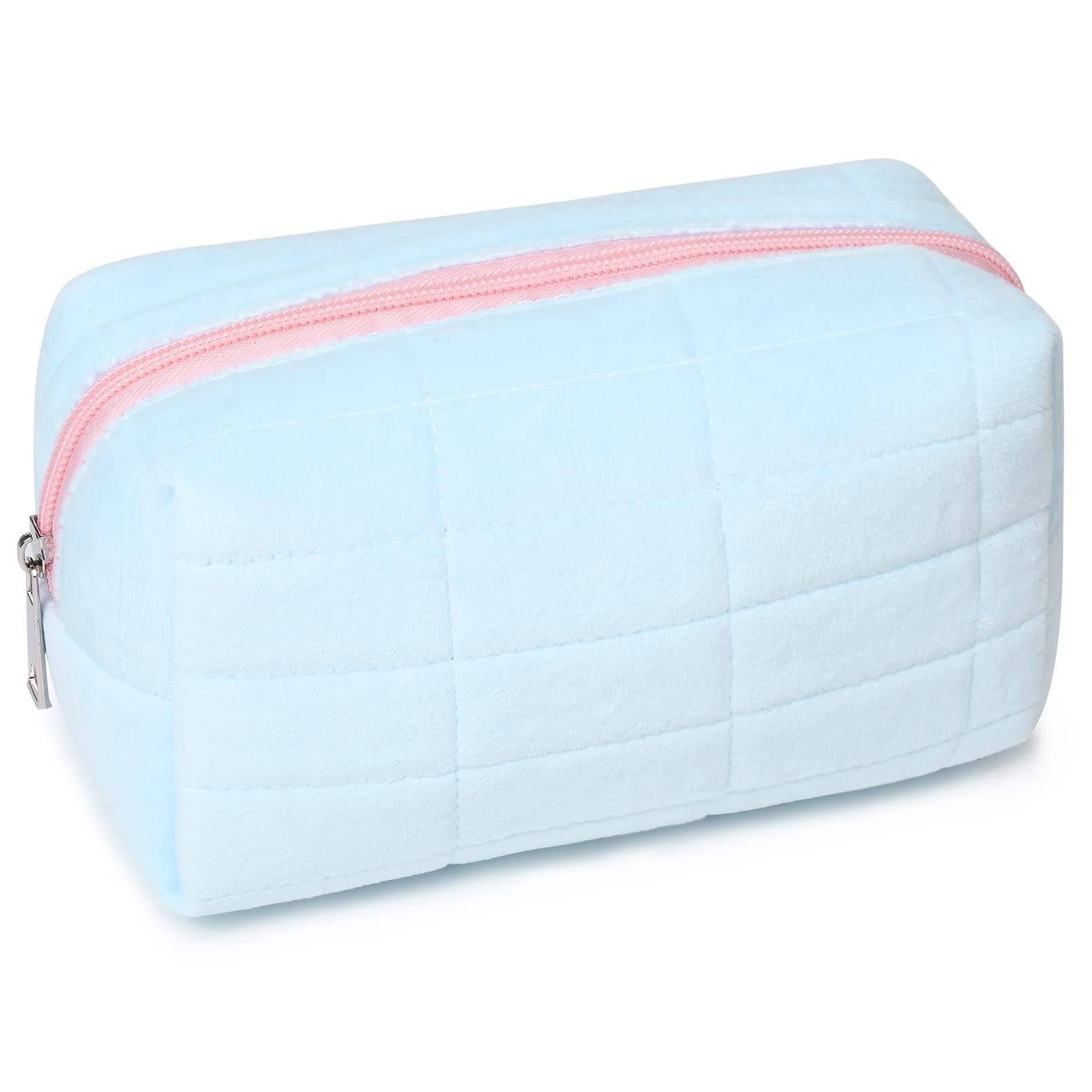 SOIDRAM Makeup Bag Plush Cosmetic Bag Cute Aesthetic Makeup Bag Blue Makeup Pouch Travel Toiletry Bag Organizer Soft Makeup Brushes Accessories Storage Bag for Women