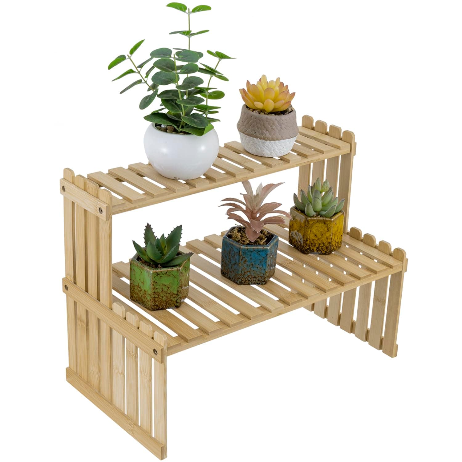 Tabletop Natural Bamboo Plant Stand, 2 Tier Desktop Shelf Rack, Brown