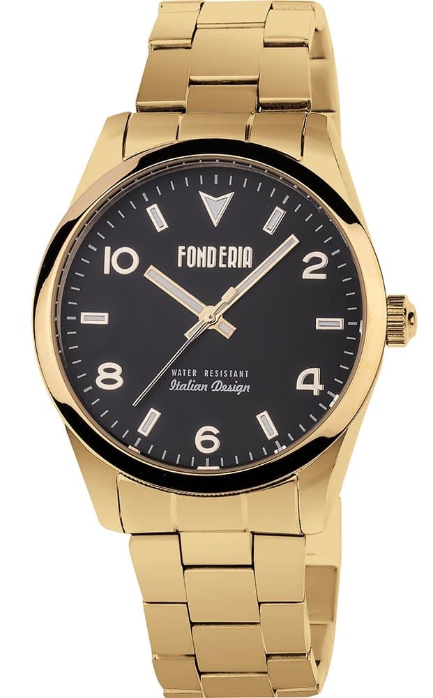 Mens Italian Designed Grease by Fonderia Gold Tone Stainless Steel with Black Dial Quartz Watch P-7G001UN1