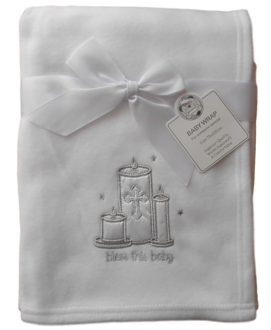 Baby Boys Girls White and Silver Christening Wrap Blanket 100cm x 75cm Approx