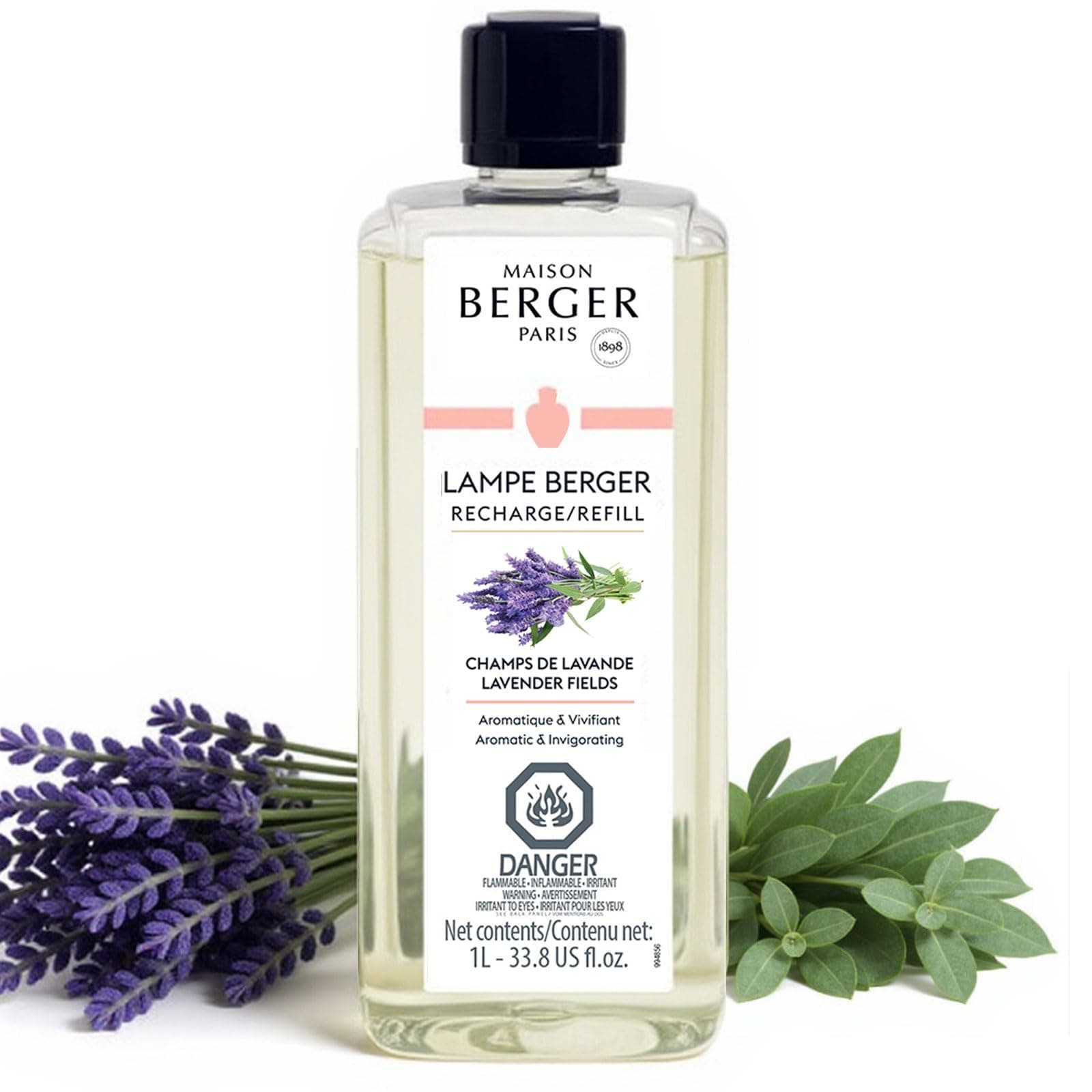 Lavender Fields Lampe Berger Refill, 1 Liter (33.8 fl oz), 2-in-1 Catalytic System, Neutralizes Odors and Diffuses Fragrance, Lavender, Eucalyptus, Made in France