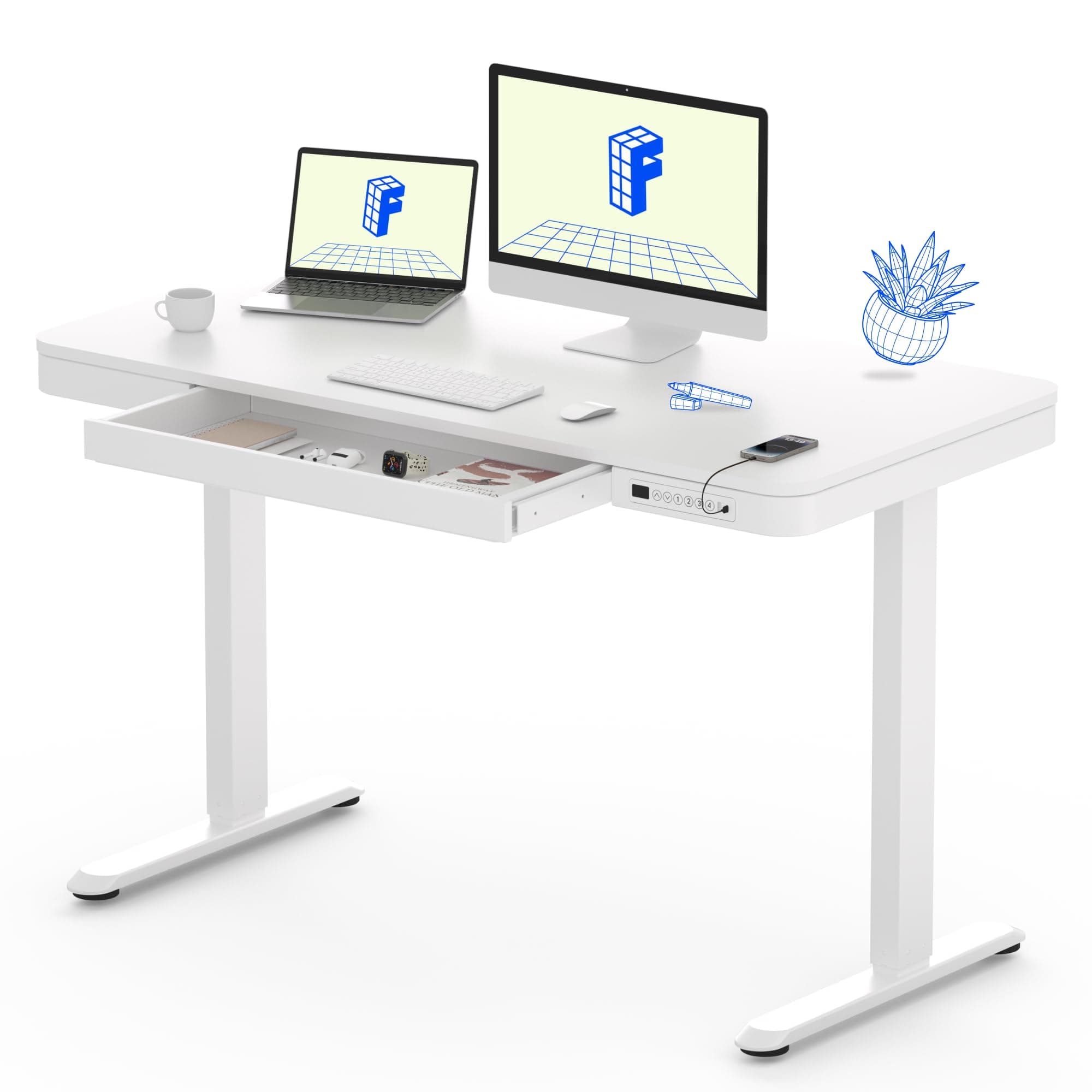 Flexispot All In One Height Adjustable Standing Desk With USB Charging, Wooden Top White, Et-118W