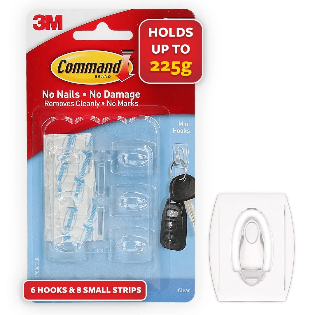 3M Command Clear Mini Wall Hooks, holds 225gms, no paint damage, Holds Strongly, Adhesive hooks for wall, Reusable, Multi-surface (Transparent, 6 hooks, 8 strips)