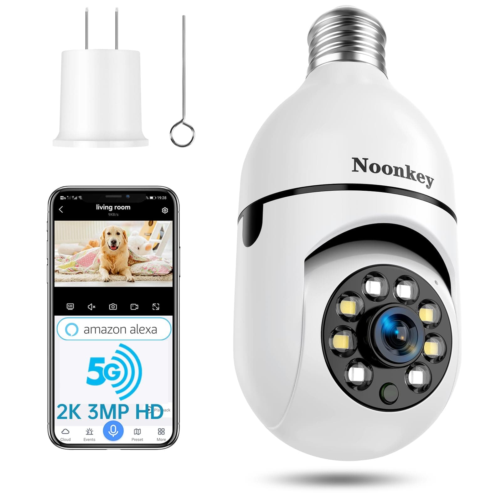 Noonkey 2K/3MP Light Bulb Security Camera, 5G& 2.4GHz WiFi Alexa E27 360° Light Socket Camera for Outdoor, Wireless WiFi Home IP Camera with Motion Tracking Alarm, Color Night Vision,Two-Way Talk