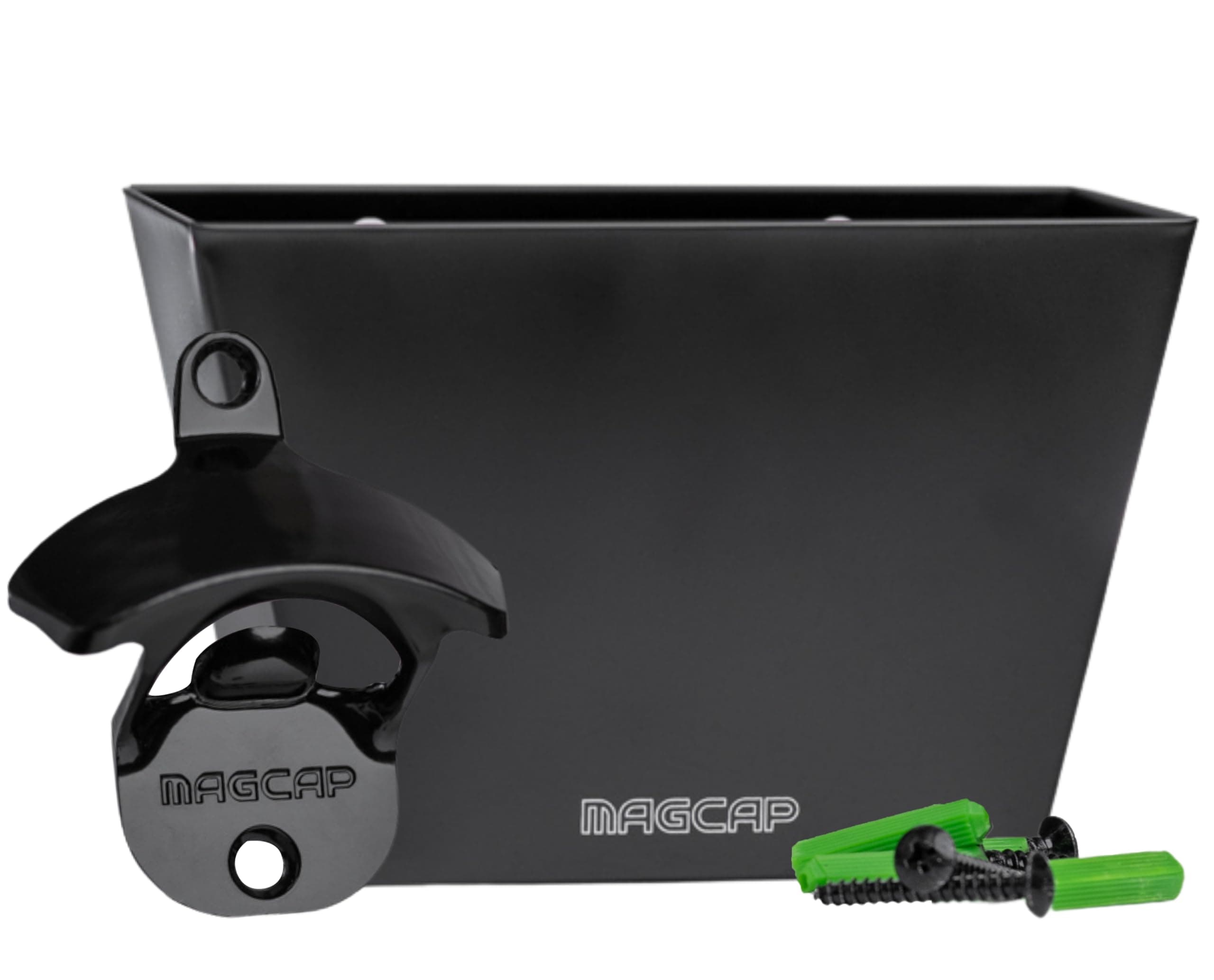 Magnetic Wall Mounted Bar - Style Bottle Opener and Bottle Cap Catcher Set for Beer and Sodas - Stylish, Easy to Install and Effortless to Use - Collects the Caps so You Don't Have to!