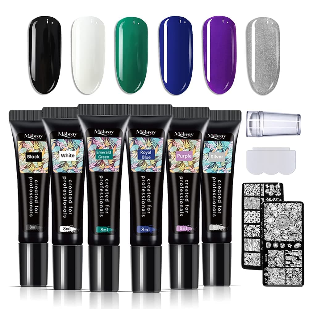 Mobray 6 Colors Nail Art Stamping Gel Polish Kit 8ml with Nail Stamp Plate Nail Art UV Gel Polish for Design Scraper Nail Plate Print Manicure Tool (Kit 3)