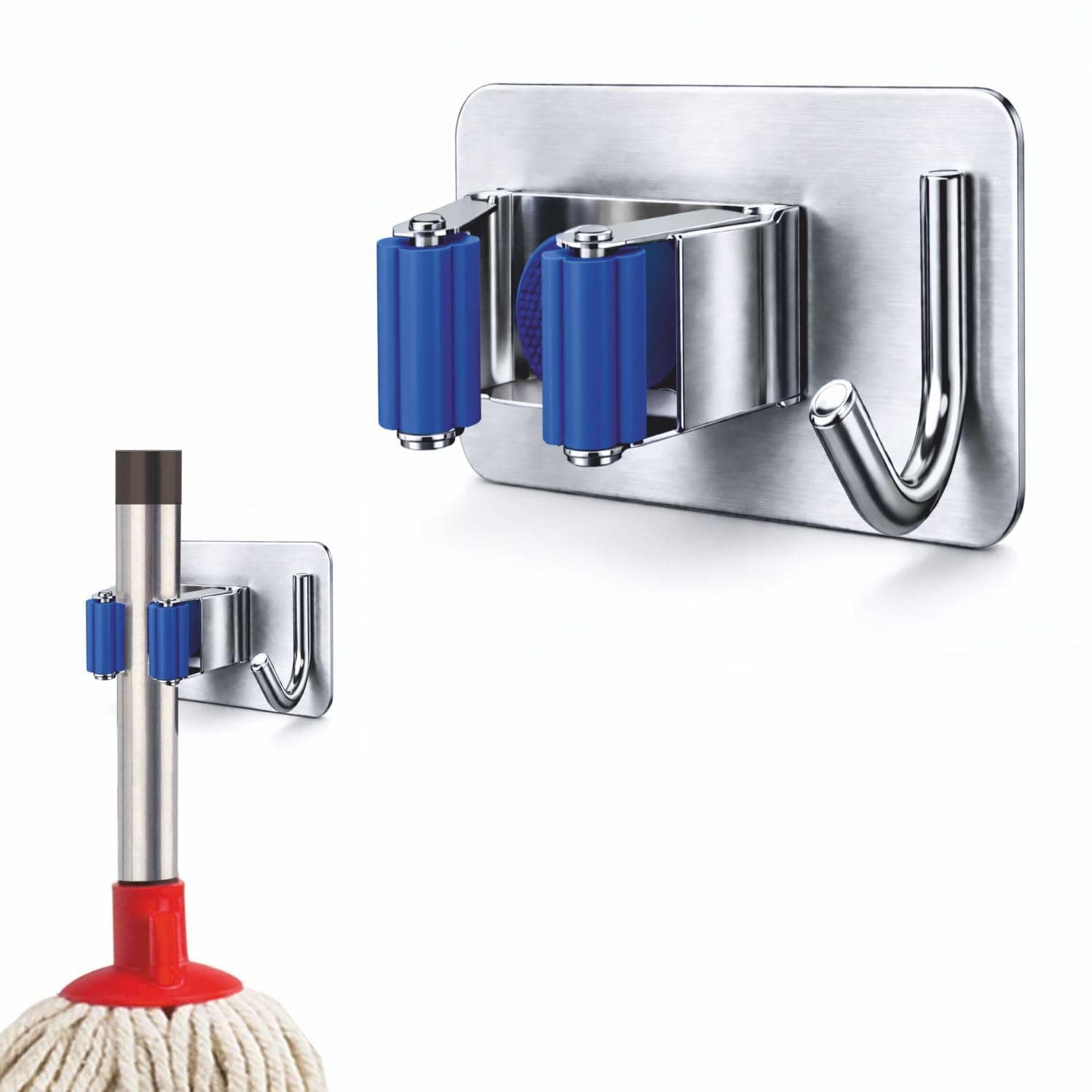JIALTO 1 Pcs Stainless Steel Broom Holder with Hook - Wall-Mounted Adhesive Storage Solution for Broom Holders, Home, and Kitchen Organization Mop Handles - Blue