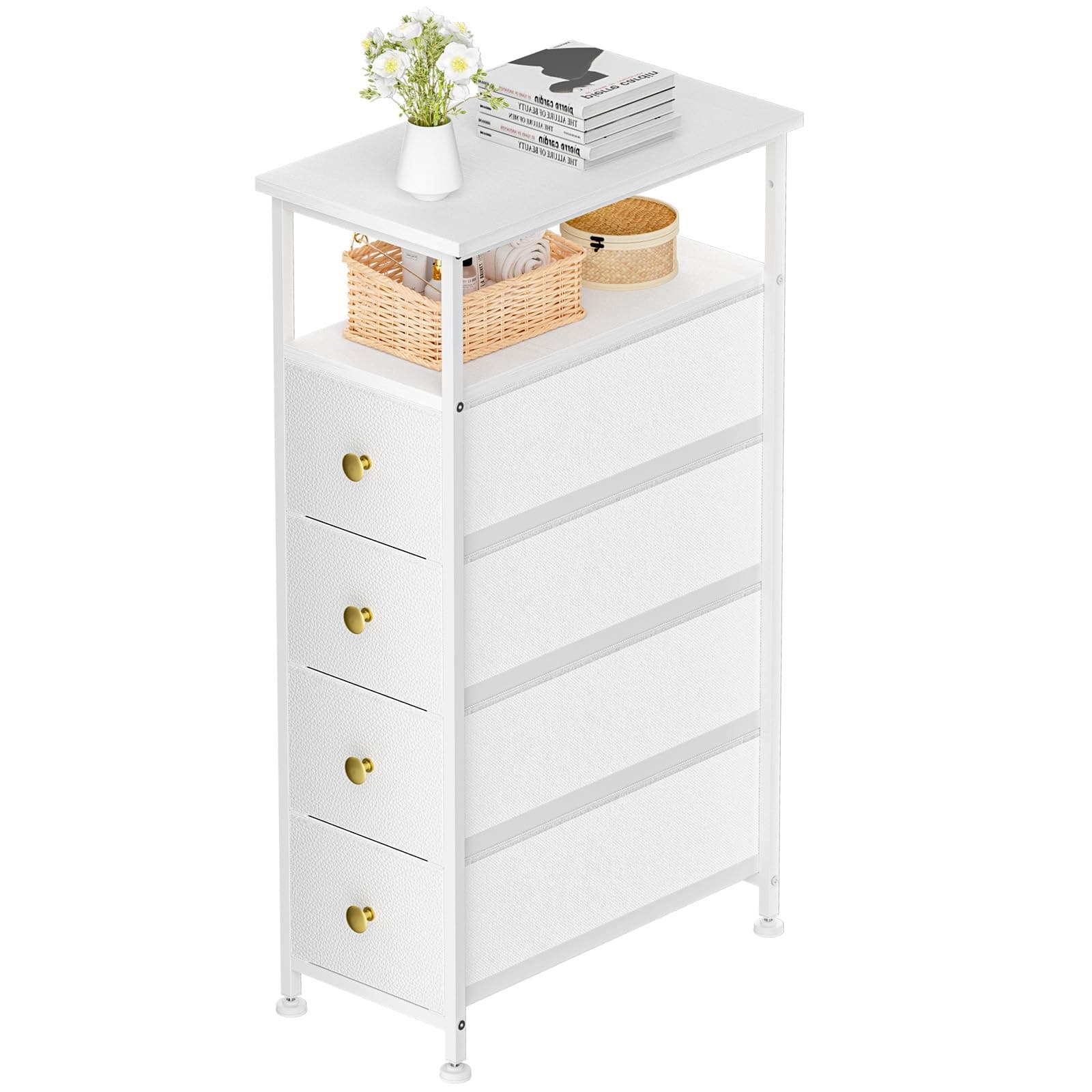 Narrow Dresser for Bedroom, Slim Dresser Storage Tower, Chest of 4 Fabric Drawers with Wood Shelf, Bathroom Organizers and Storage for Small Spaces, Laundry, Closet, White