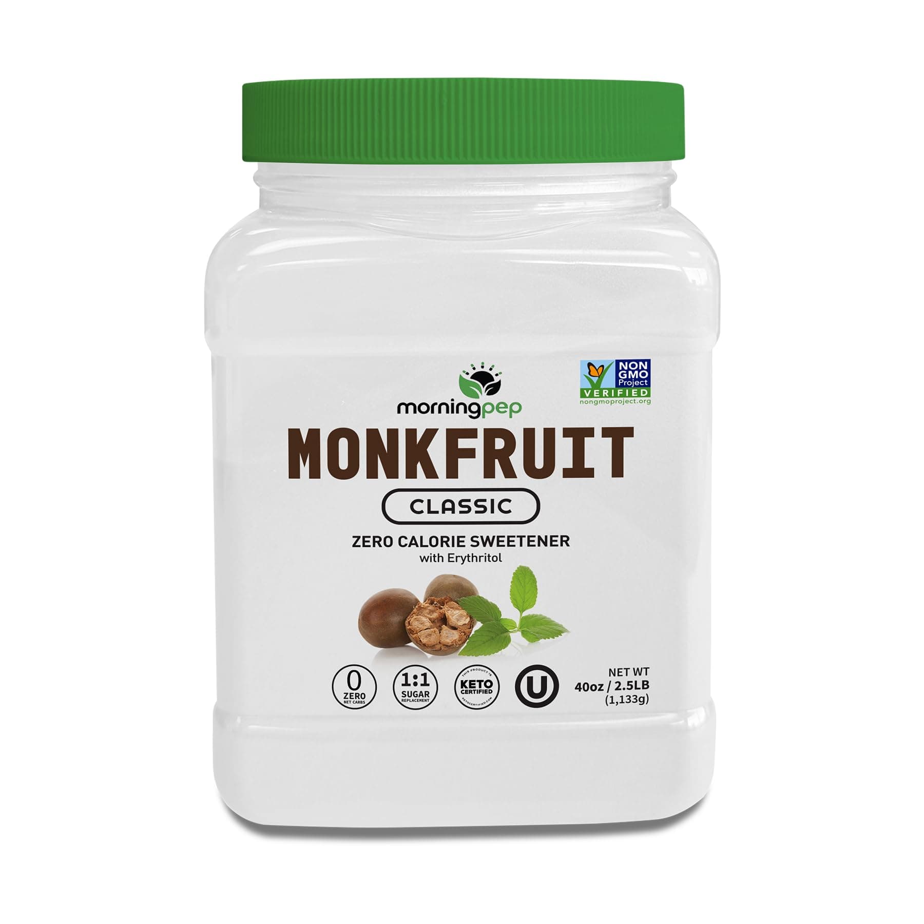 Morning Pep Monk Fruit Sweetener Classic | White Sugar Substitute, Keto Diet Compatible, 1:1 Sugar Substitute, For Baking, Coffee, Tea, Non-GMO Project Veri