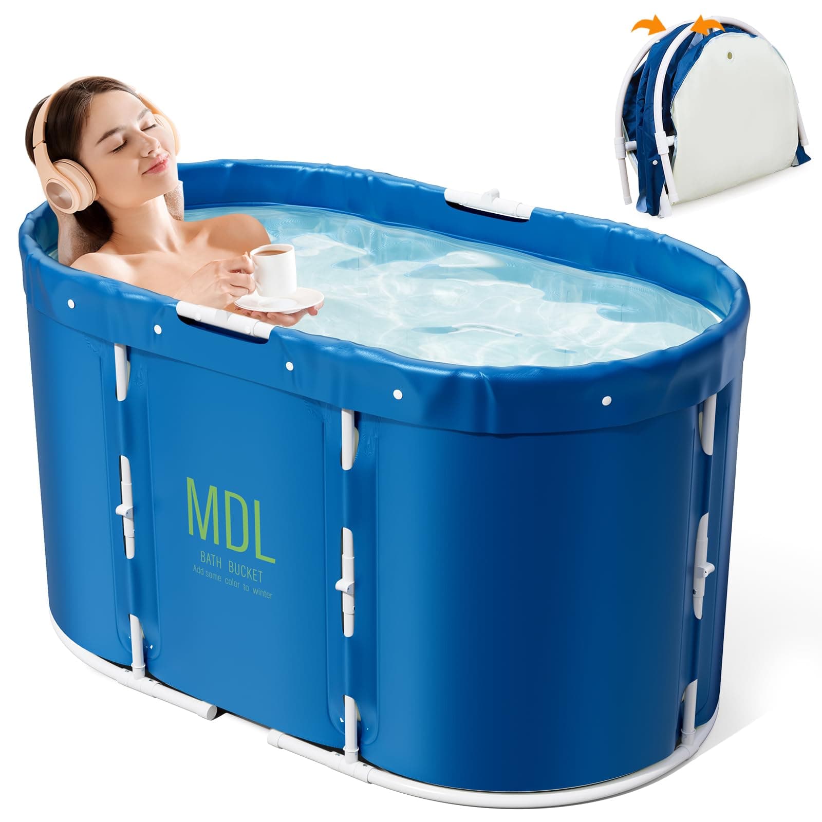 Warmiehomy Portable Foldable Bathtub for Adults, Freestanding Soaking Bathtub for Hot Bath and Ice Bath, Family Bathroom SPA Tub with Cushions for Shower Sauna (Navy Blue, Ellipse-95X55X55cm)