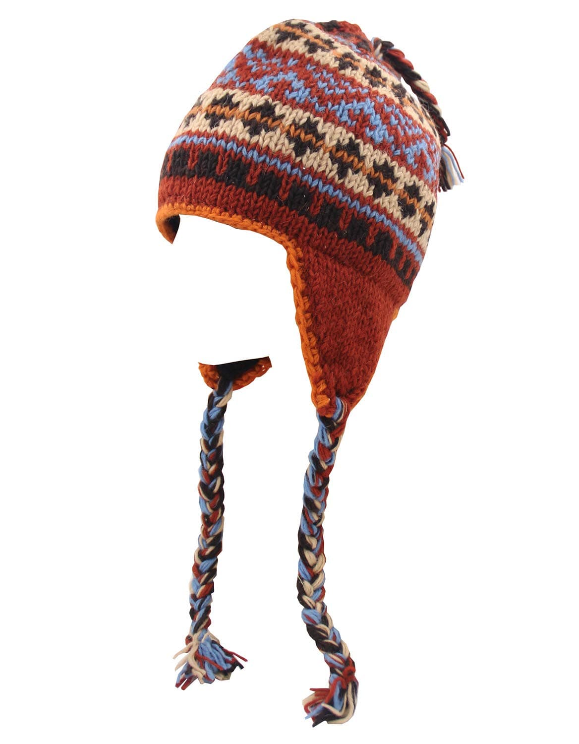 Nepal Hand Knit Ear Flaps Beanie Ski Wool Fleeced Hat Natural Color