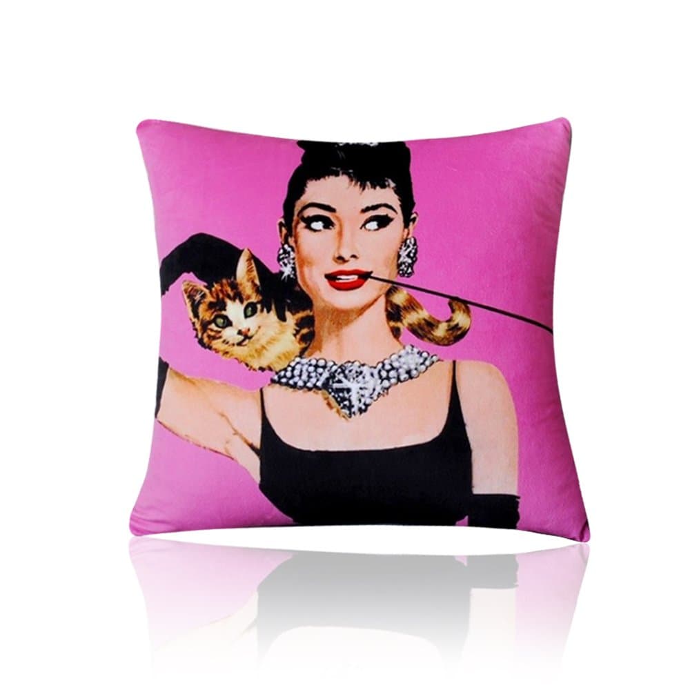 MARY ST 45x45cm Velvet Decorative Throw Pillow Cover Cushion Case, Audrey Hepburn and Marilyn Monroe Pink Purple Blue (A)