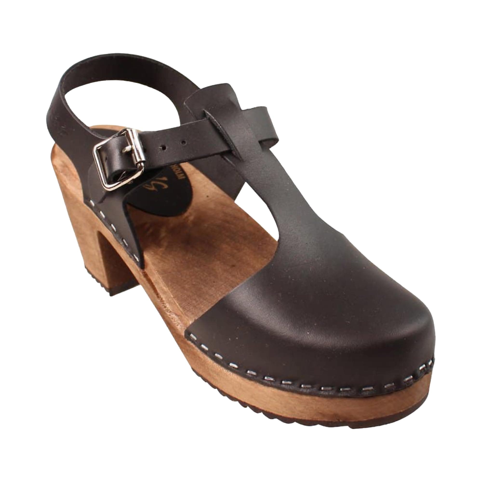 Lotta From Stockholm Swedish Highwood T-Bar Sandal Clogs for Women | Mary Jane Syle High Heel Platform Clogs Handmade in Sweden | Real Leather on Brown Alder Wood Base | Black