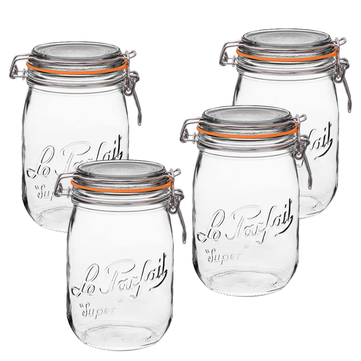 Super Jar, Canning Jars, 1L French Glass Canning Jar w/Round Body, Glass Jars With Airtight Lid, Canning Jars Wide Mouth, Glass Jar With Lid, Clear Jars, Clear Glass Jars (32oz/Quart, 4 pk)