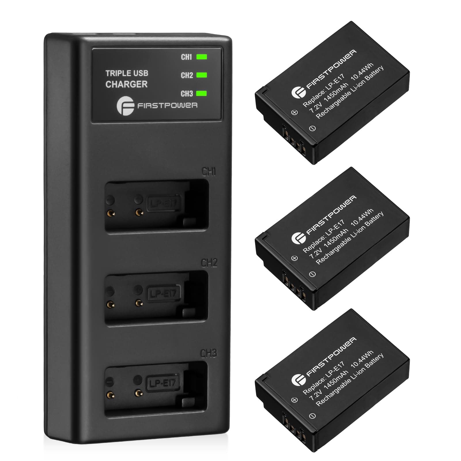 FirstPower LP-E17 Battery 3-Pack and Triple Slot Charger for Canon EOS RP R8 R10 R50 R100, Rebel T8i, T7i, T6i, T6s, SL2, SL3, EOS M3, M5, M6, 77D, 200D, 750D, 760D, 800D, 8000D Camera