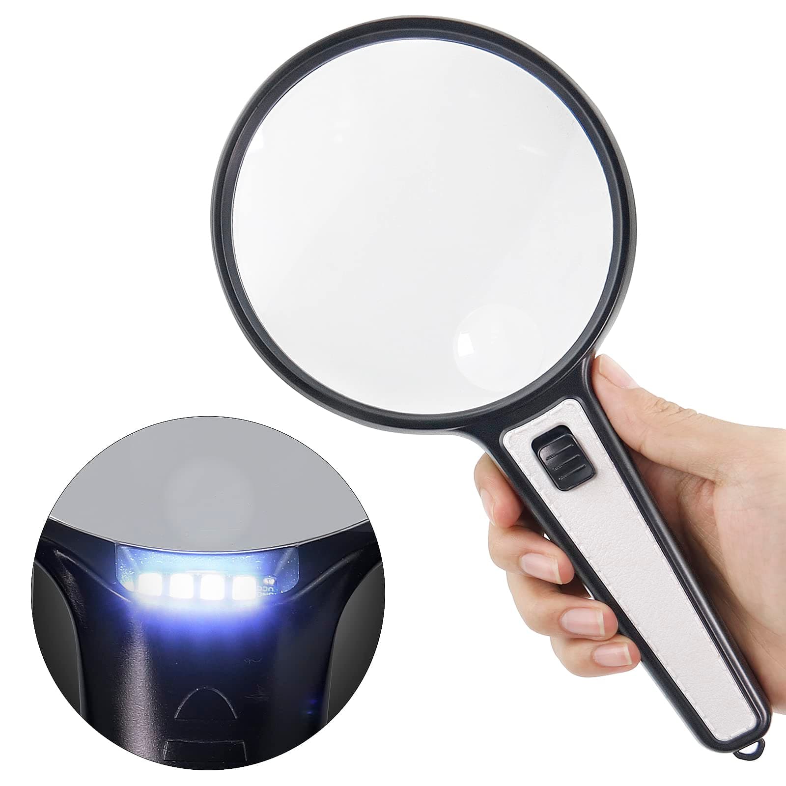Magnifying Glass with Light, 10X 20X High Magnification, Large Handheld Magnifier with 4 LED Light, Suitable for Low Vision Seniors Reading, Jewelry, Coin, Science.