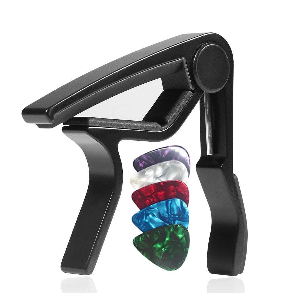 Guitar Capo for Acoustic and Electric Guitars with 5 Picks for Free, Black.