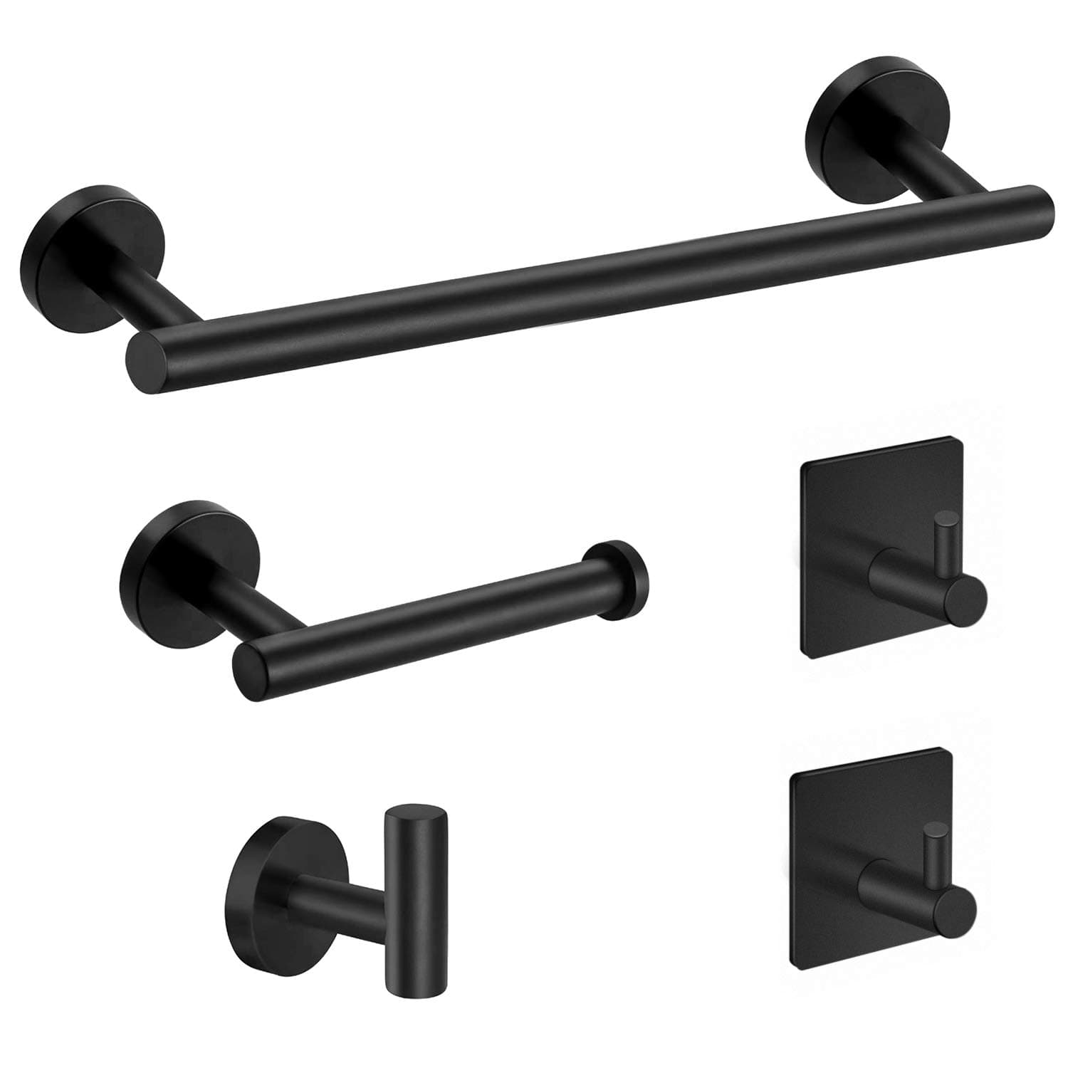 5-Pieces Matte Black Bathroom Hardware Set SUS304 Stainless Steel Round Wall Mounted - Includes 24" Hand Towel Bar, Toilet Paper Holder, 3 Robe Towel Hooks, Bathroom Accessories Kit