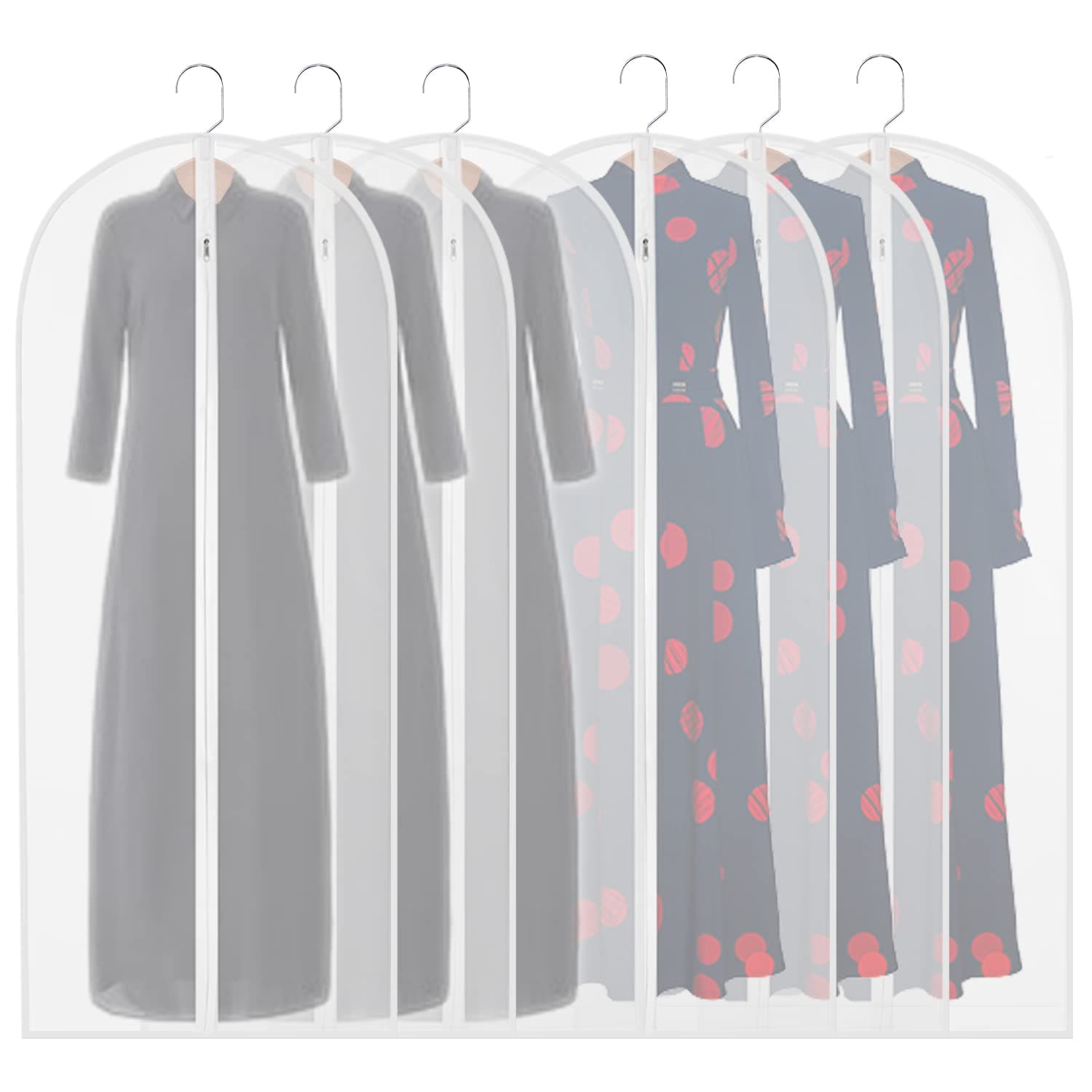 homeminda Garment Bags Clear 6packs 55in Long Hanging Lightweight White Breathable Dust Proof Covers with Study Full Zipper for Storage Wardrobe Dresses Gown Clothes