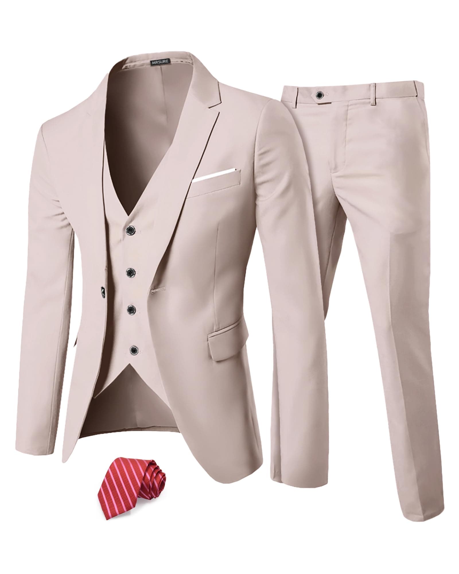 MrSure Men’s 3 Piece Suit Blazer, Slim Fit Tux with One Button, Jacket Vest Pants & Tie Set for Party, Wedding and Business, Beige, M