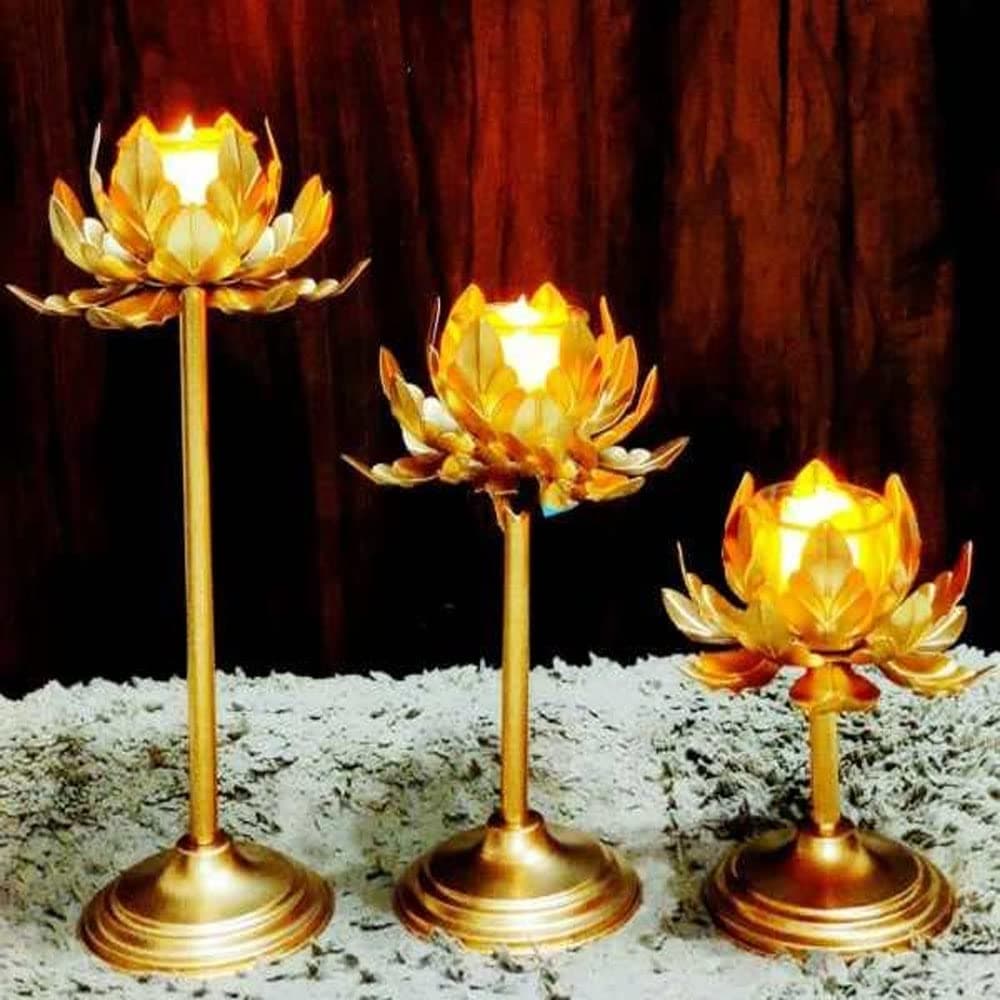 Lotus Golden Tealight Holder Stylishly Shaped Lotus Candle Stand Metal Beautiful Design Home Decoration Festival Occasions Size 12,10,8 Inch Set of 3 Not Include Glass(Adjustable)