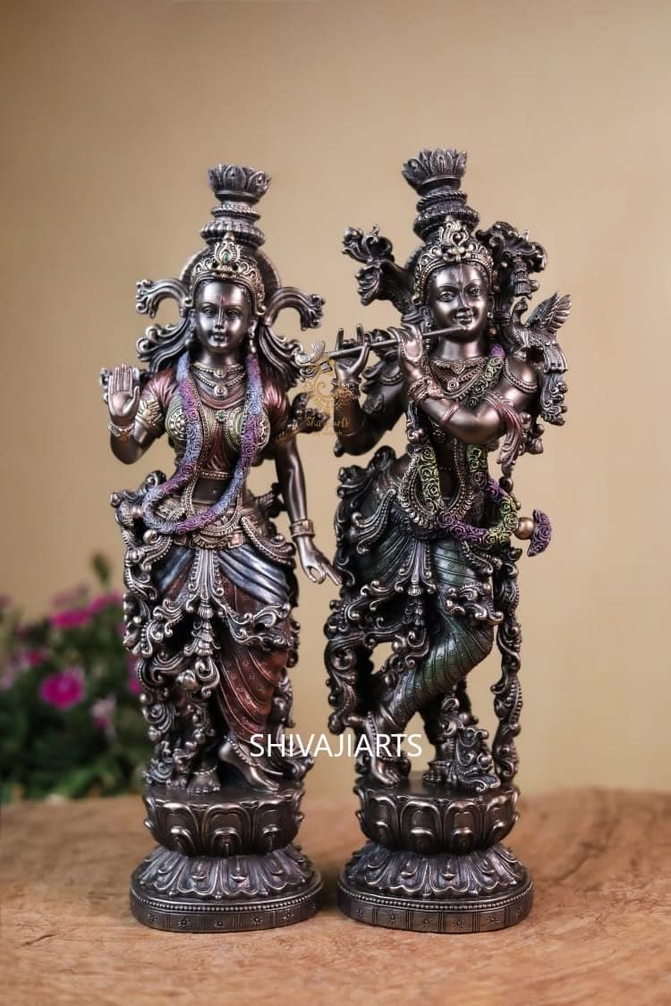 SHIVAJI ARTS Radha Krishna Statue Bonded Bronze Brown Color 15Inch Large Size Pack of 2