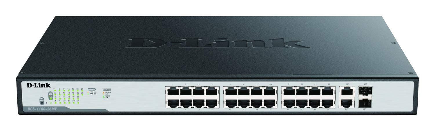 D-Link PoE Switch, 24 26 Port Smart Managed Gigabit Ethernet 2 SFP/RJ45 Combo Ports 370W PoE Budget Layer 2 Internet Network (DGS-1100-26MP)