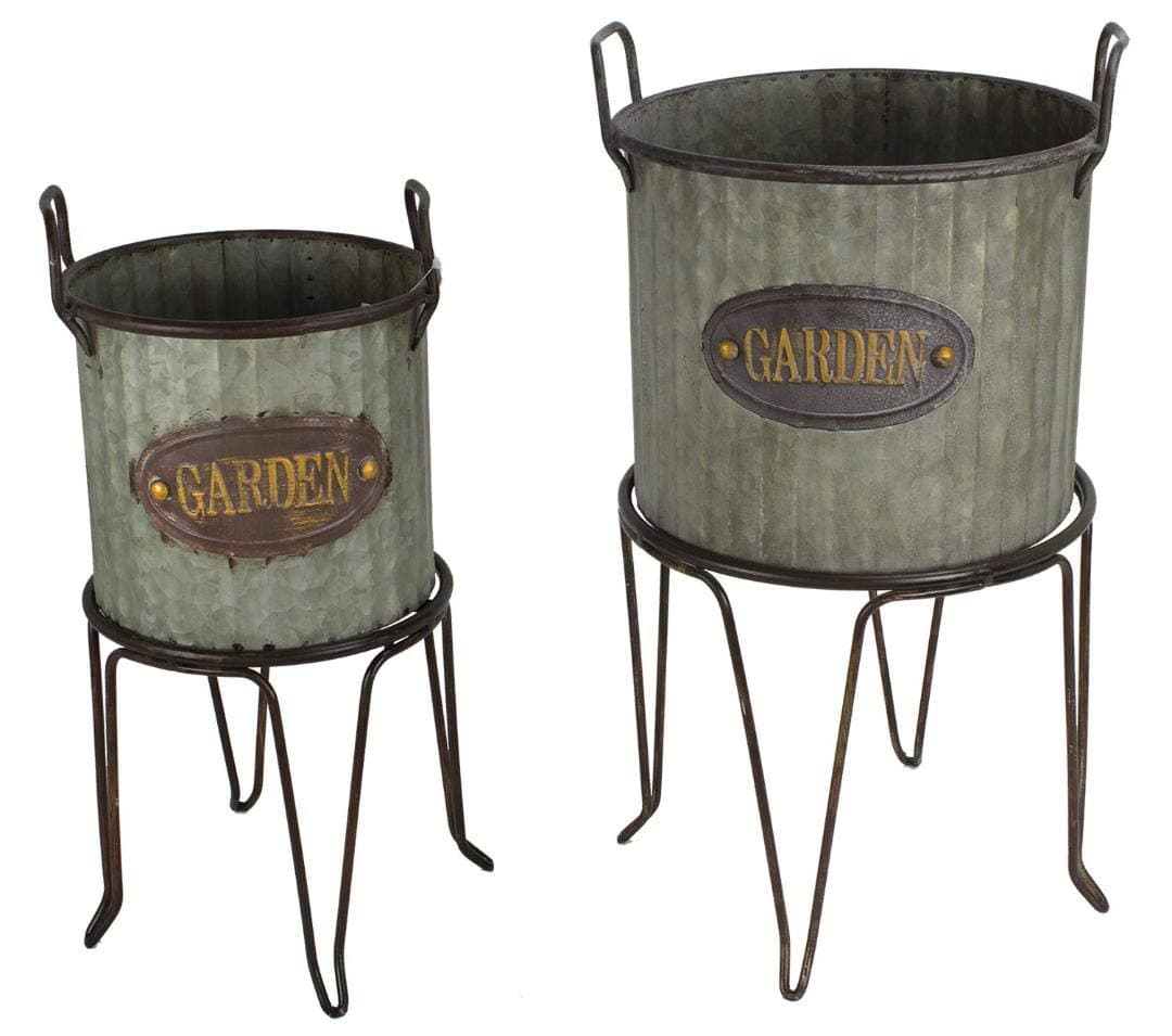 Rustic Round Galvanized Ribbed Metal 2 Piece Garden Planter and Stand Set