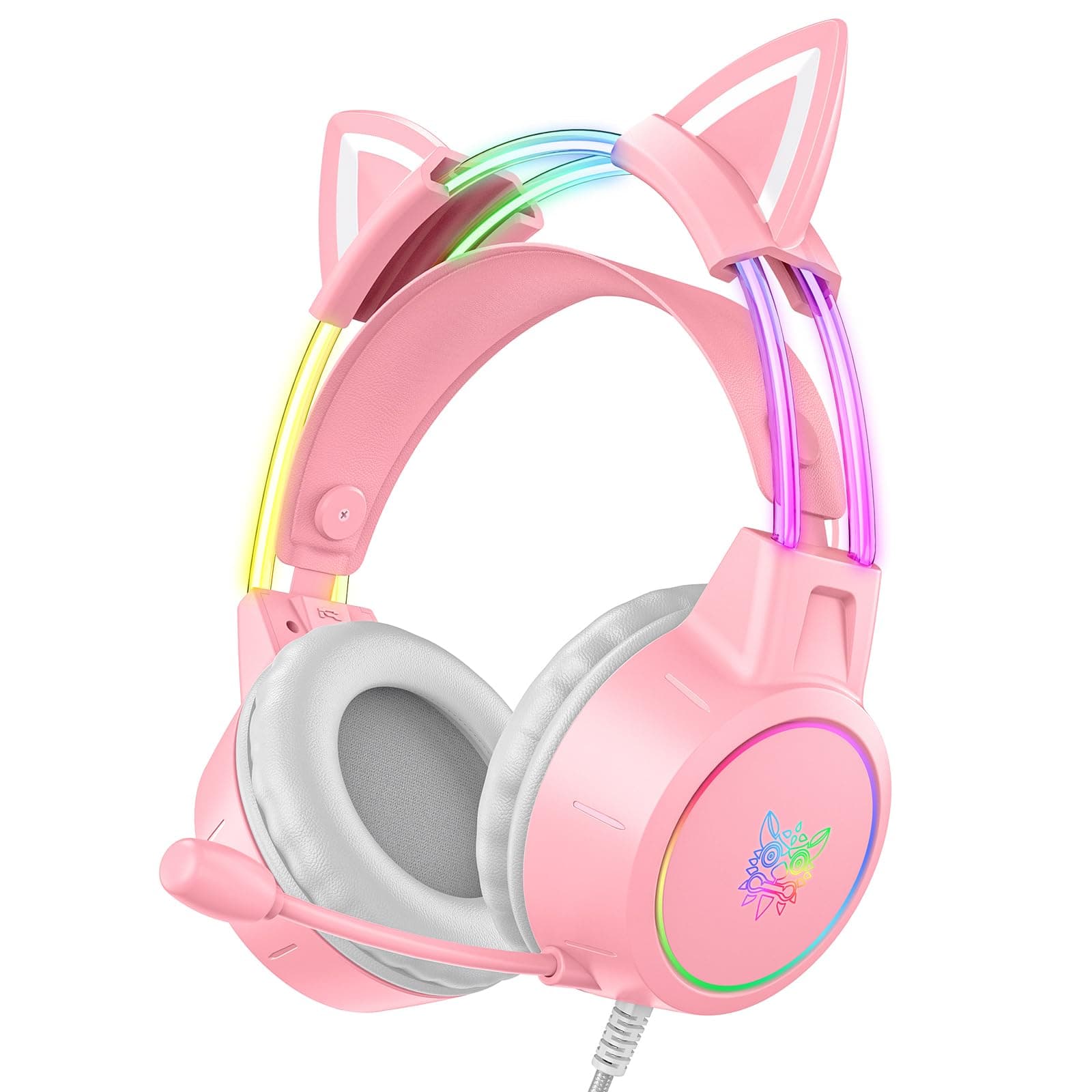 Lightweight Gaming Headset with Detachable Cat Ears, RGB Lighting, Wired Over Ear Headphones with Mic for PC, PS4, PS5, Switch, Stereo Surround Sound, Self-Adjusting Headband