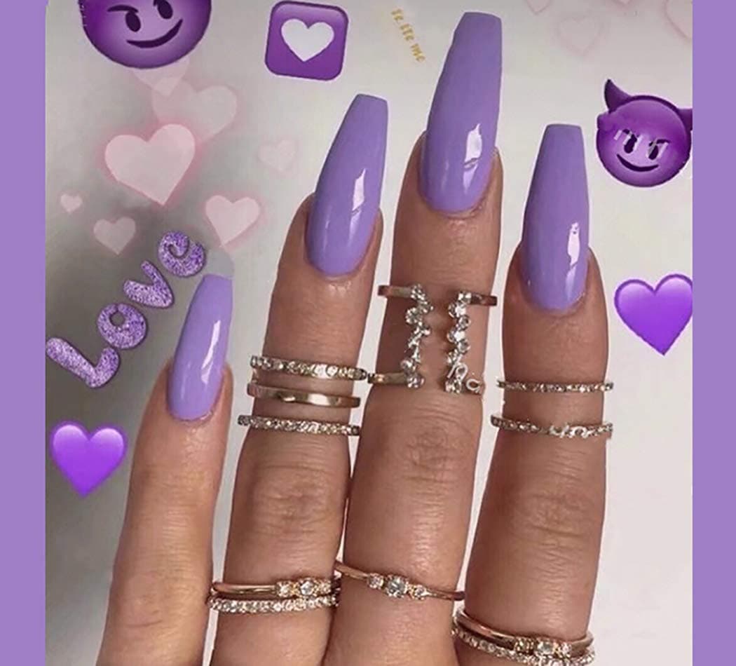 Brishow Coffin False Nails Purple Halloween Fake Nails Reusable Acrylic Ballerina Press on Nails Full Cover Stick on Nails 24pcs for Women and Girls(Lavender)