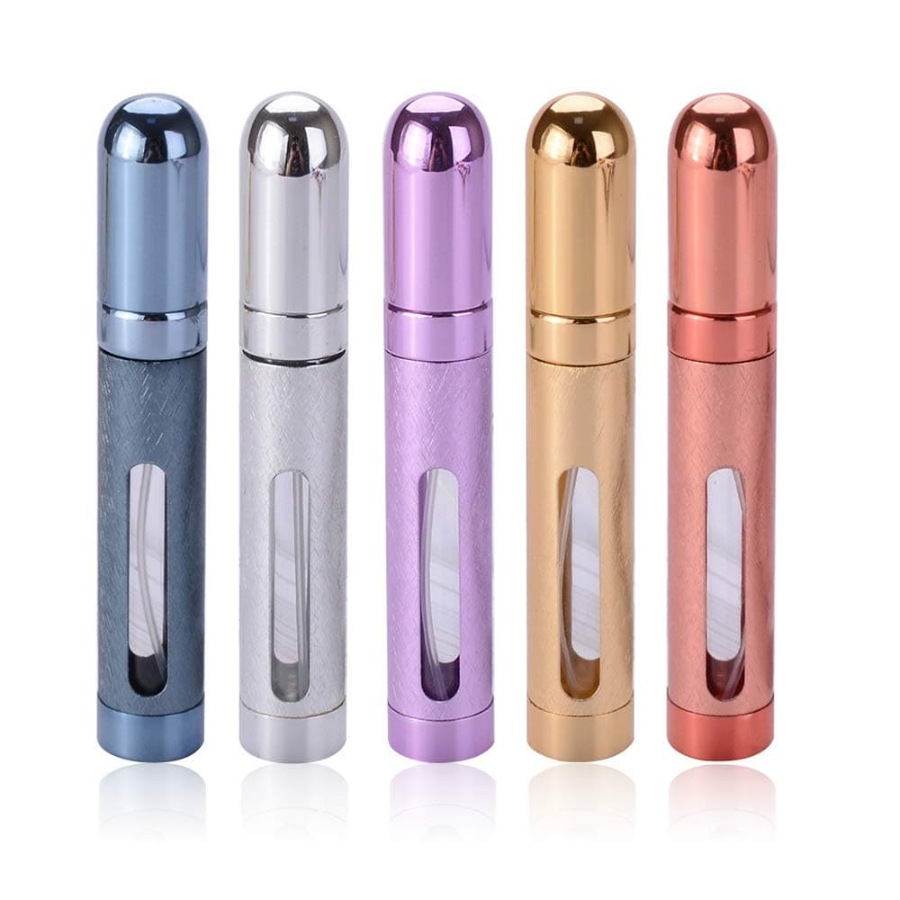 12ml Perfume Bottles (5pcs,Travel Refillable Perfume Atomizer Spray Bottle, Fragrance Empty Bottle with Window, Fits in Your Purse, Pocket or Luggage (Silver,Blue,Red, Gold, Purple)