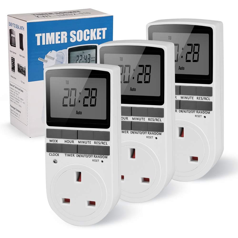 Sworway Set of 3 Digital Timer Plug Socket, Electrical Programmable Plug in Timer Switch for Light, with Large LCD Display, Anti-Theft Random Mode for Home Electrical Appliances, UK Plug