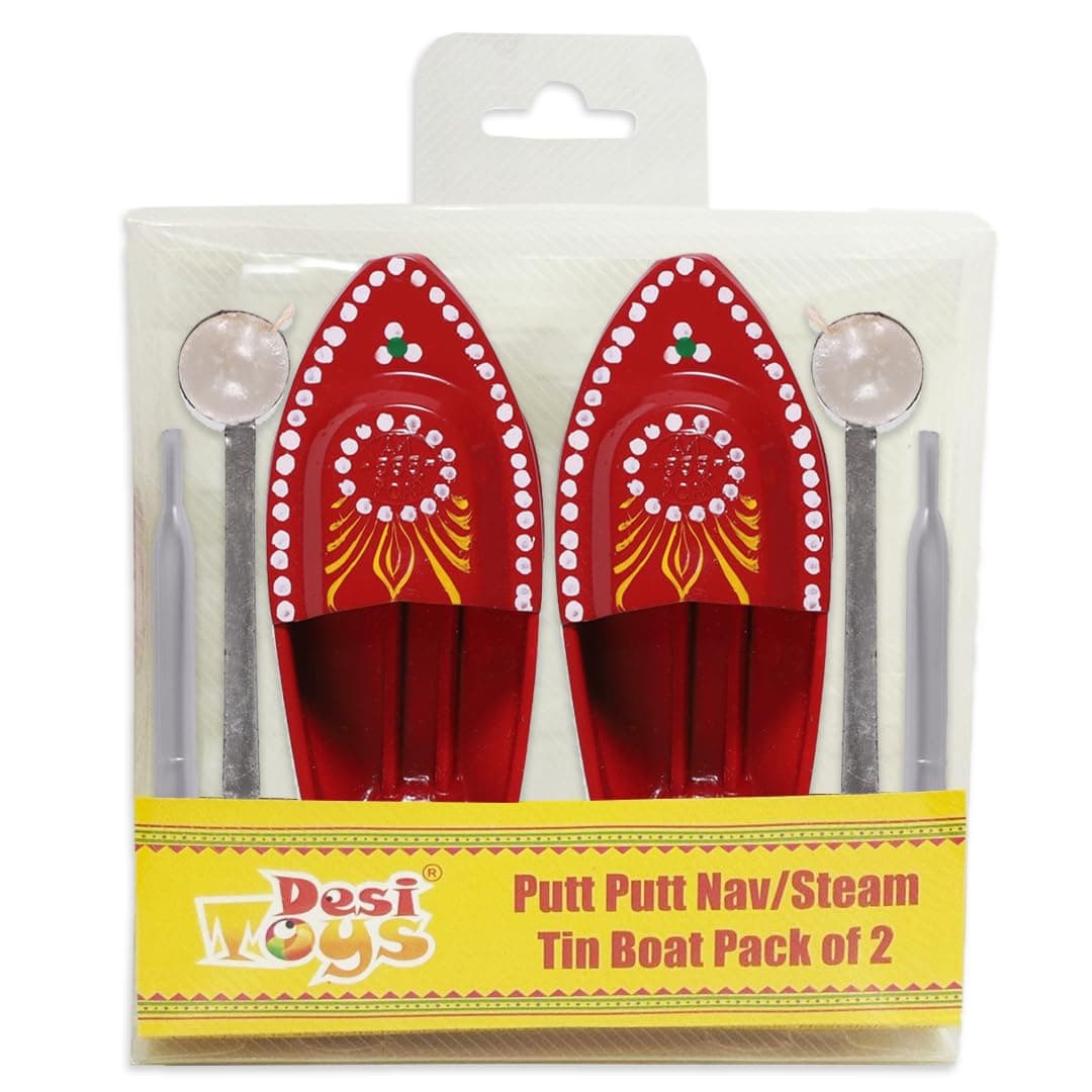 Desi Toys Putt Nav Pop Pop Steam Boat Classic Indian Nostalgic Tin Water Toy Free Candle & Dropper Powered by Flame Festive Gift Set (Pack of 2) for Kids