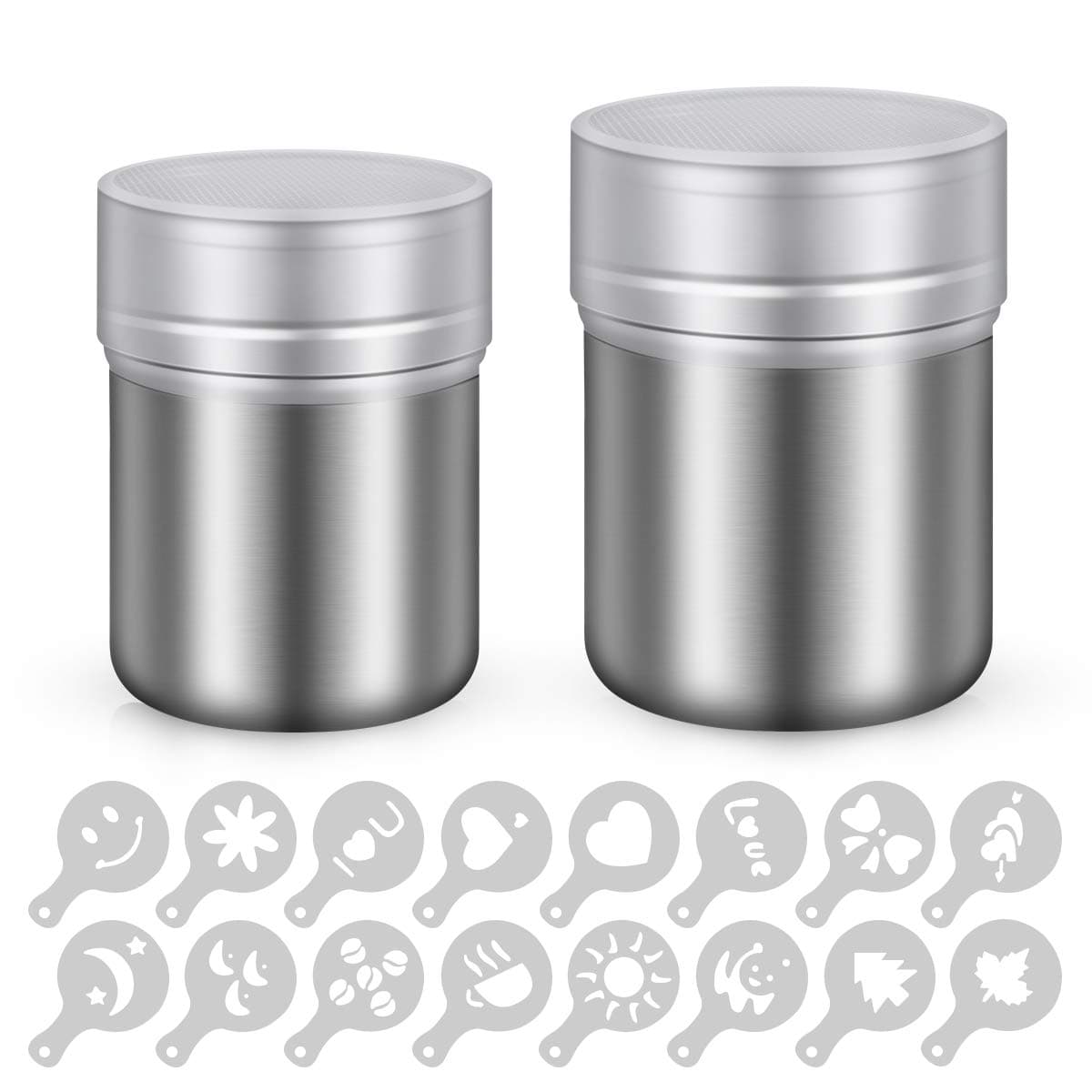 Heatigo 2 Pack Stainless Steel Powder Shakers, Chocolate Shaker Duster, Coffee Cocoa Dredges with Fine-Mesh Lid, Power Can for Baking Cooking Home Restaurant with 16 Pcs Printing Molds Stencils
