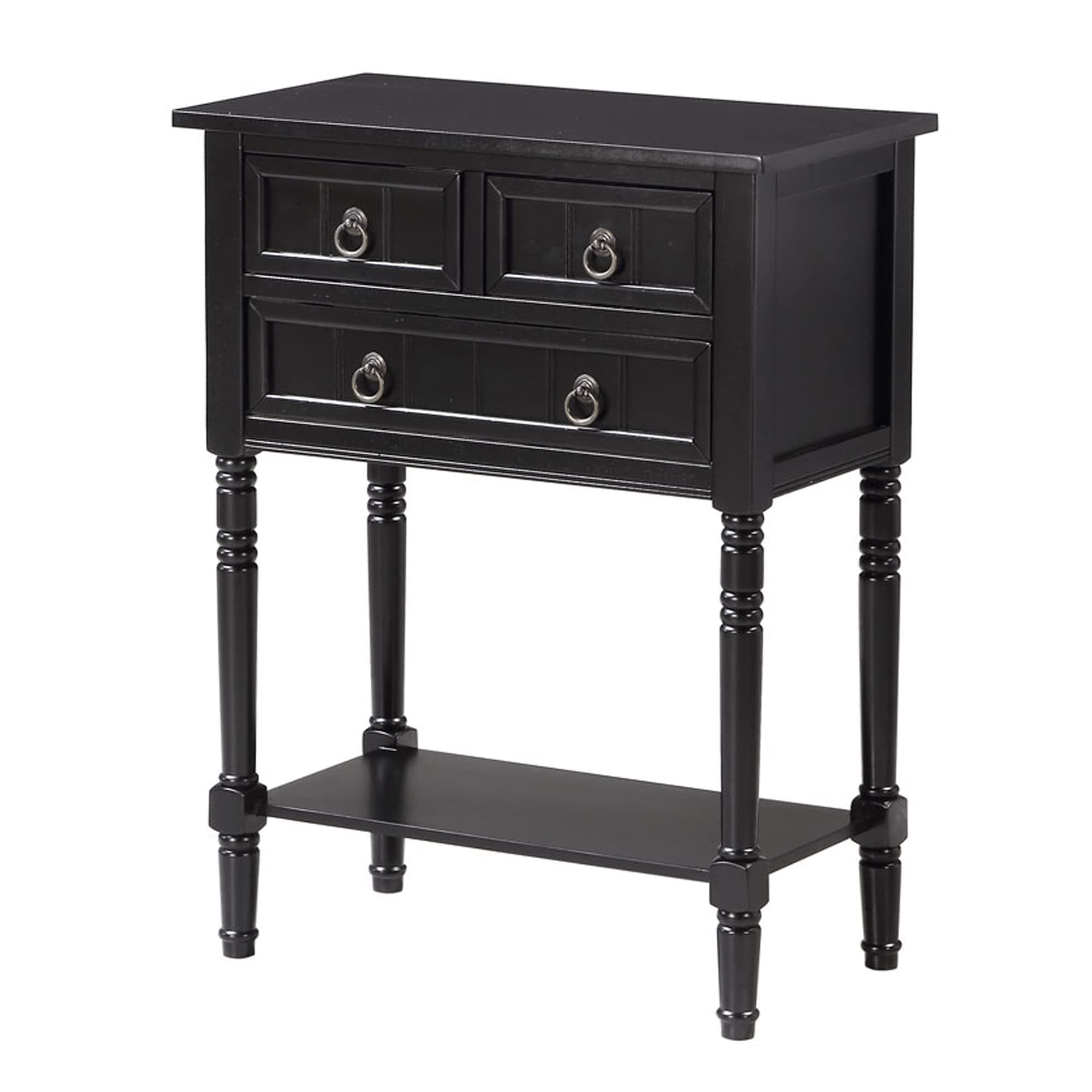 Convenience Concepts Kendra Entryway Hall Table 23.75" - 3 Storage Drawers, Traditional Console with Shelf for Decor, Office & Hallway Organizer, No Tools Assembly, Solid Wood Legs, Black