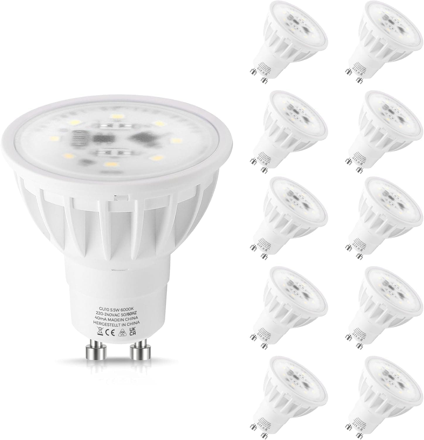 GU10 LED Bulbs Cool White 6000K, LEHASI 5.5W LED Spotlight 50W Equivalent, 500LM, Energy Saving Light Bulbs, 120° Beam Angle, Non Dimmable, Pack of 10
