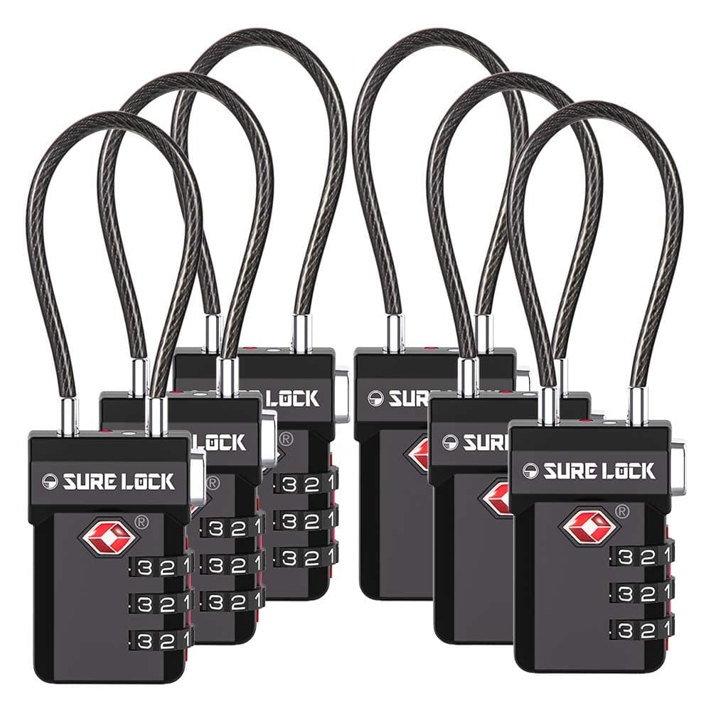 SURE LOCK TSA Approved Luggage Locks – 3-Digit Combination Cable Lock with Red Indicator, Large Dial & Easy-Press Button for Suitcases and Backpacks – Multi-Pack & Color Options