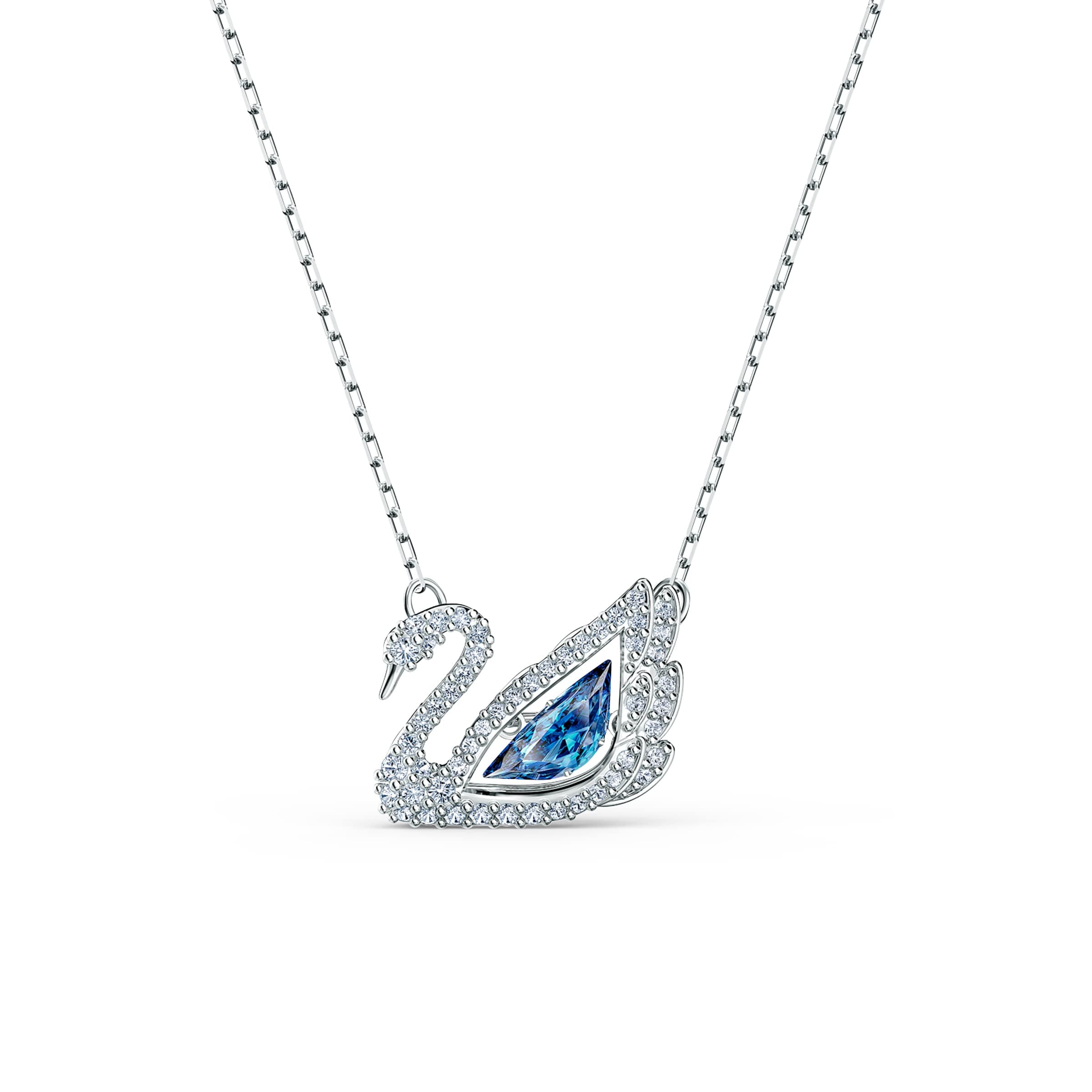 Women's Dancing Swan Necklace Jewelry Collection, Rhodium Finish, Blue Crystals, Clear Crystals