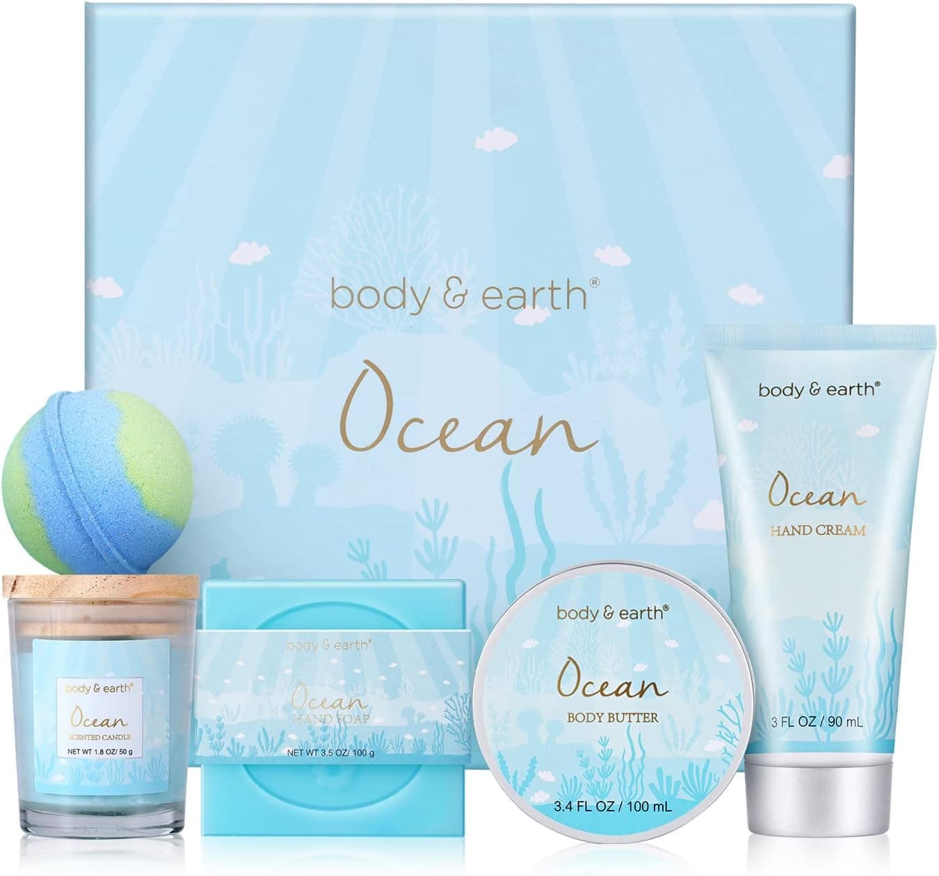 Pamper Gifts for Women, 5 Pcs Ocean Bath Spa Gift Set Includes Scented Candle, Body Butter, Gift for Mum Birthday Gift Sets Christmas Mothers Day Gifts Valentine Gifts for Women