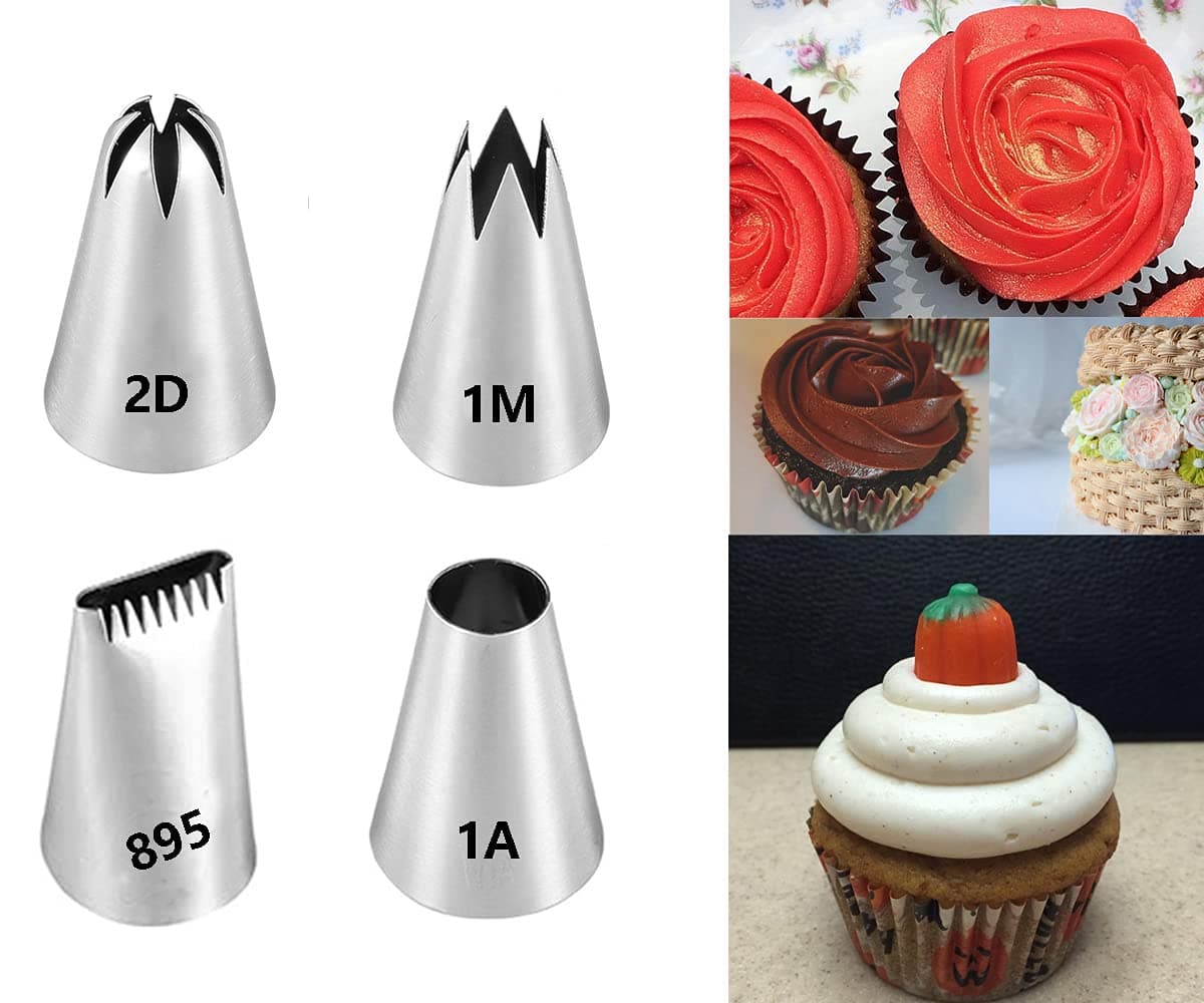 Large Piping Tips Set,Icing Tips with 1M Open Star Decorating Tip,2D Drop Flower Frosting Tip,1A Round Pastry Tip and 895 Basketweave Piping Tip for Cake Cupcake Decorating,4 Pcs