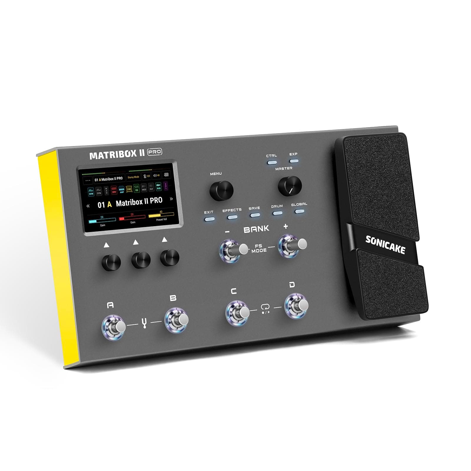 Multi Effects with Expression Pedal Guitar Bass Amp Modeling IR Cabinets Simulation FX Loop MIDI Stereo OTG USB Audio Interface Matribox II Pro