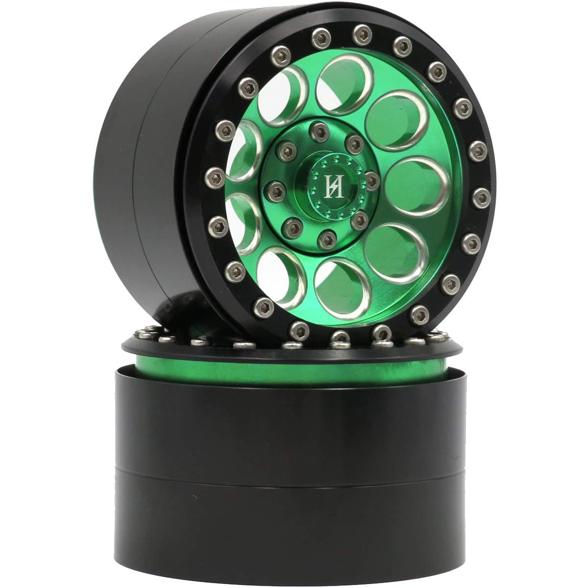 hobbysoul 2pcs RC 2.2 beadlock Wheels Wide 41mm Rims Hex 12mm Green & Black Color Fit for RC Mud Crawler Truck Trx4 Scx10 Capra Ryft Gen8
