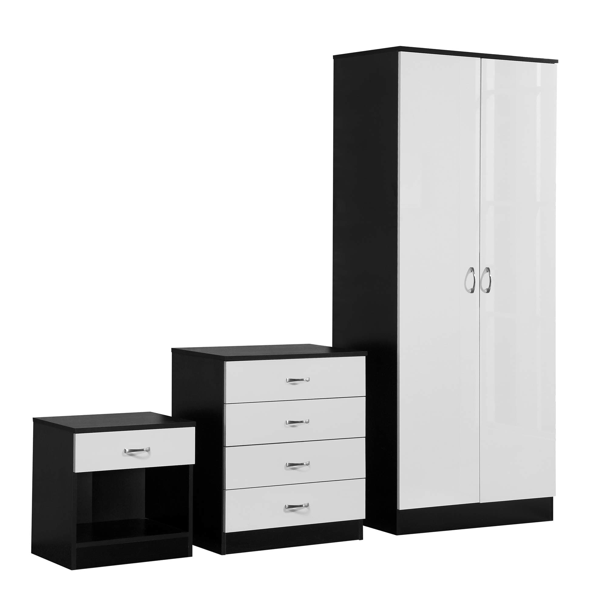 Harmin Ltd HIGH GLOSS 3 Piece Bedroom Furniture Set - Includes Soft Close Wardrobe, 4 Drawer Chest & Bedside Cabinet (White on Black)
