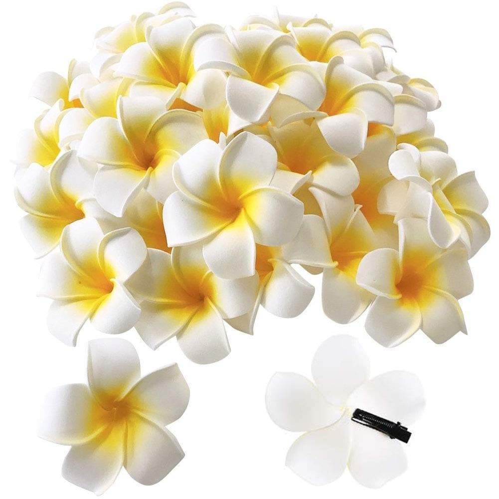 50Pcs 2.5" White Foam Hawaiian Frangipani Artificial Plumeria Flower Hat Hair Clips for Home Bridal Wedding Tropical Party Beach Vacation Decoration
